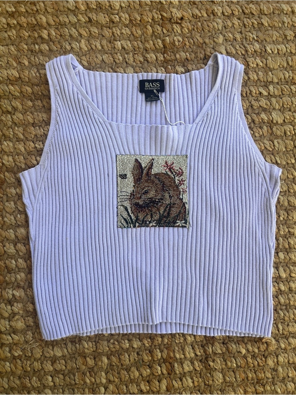 Upcycled Lilac Tank Top with Tapestry Bunny Patch.